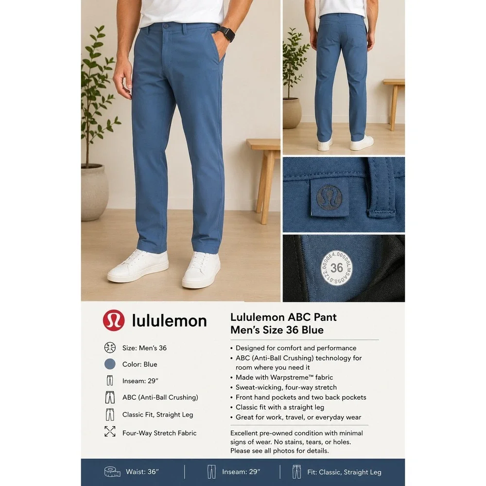 Lululemon ABC Pant Men's 36x29 Blue Warpstreme Stretch Casual Golf Pants